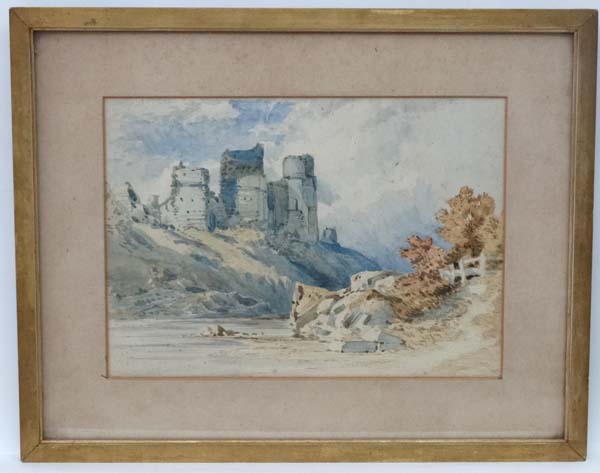 XIX English School, Watercolour, Castle ruins besides a river, 9 5/8 x 13 1/4".