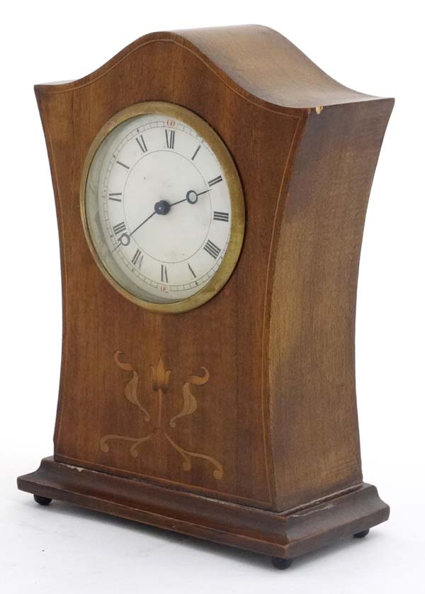 Swiss Mantle Clock : an inlaid 3 1/2" dial timepiece with inlaid and shaped case, - Image 5 of 7