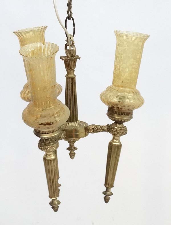 Light : a circa 1978 Neo - Classical electroliere in the form of three brass torches united , - Image 4 of 6