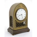 Brass lancet shaped mantle Clock : a 3 3/8" convex dial timepiece with piece.