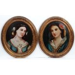 Victorian, Convex reverse glass ovals , a pair, Portrait busts of young women, In gilt oval frames.