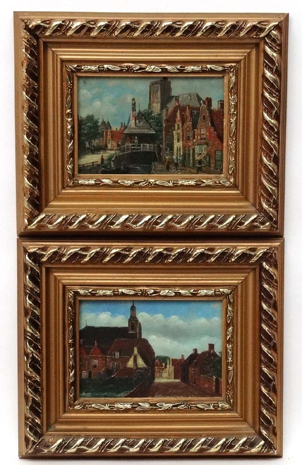 Indistinctly Signed XX Dutch School, Oil on panel , a pair, Town scenes , one with figures,