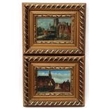 Indistinctly Signed XX Dutch School, Oil on panel , a pair, Town scenes , one with figures,