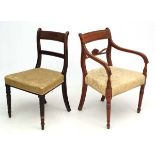 2 late Regency over stuffed mahogany dining chairs.