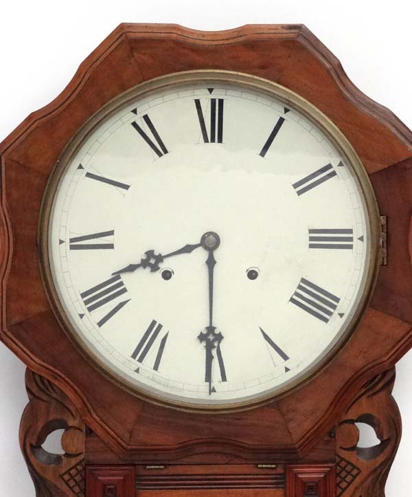 Clock : a 19thC 12" inlaid walnut cased 8 day wall clock with glazed and hinged aperture lower, - Image 2 of 3