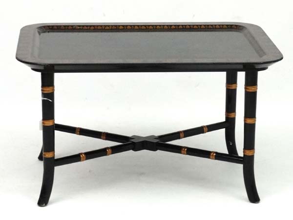 A Regency style faux bamboo papier-mache coffee table with ebonised and gilt, - Image 4 of 4