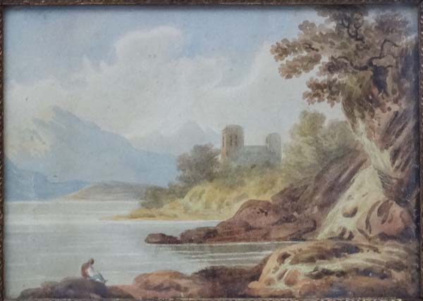 XIX English School, Watercolour, Romantic scene of a figure sat besides a loch, - Image 4 of 4