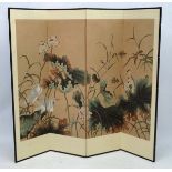 Mid Century / decorators : a late 20thC Chinese four fold screen decorated with hand painted birds,