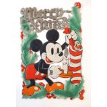 A c1940s English made Walt Disney '' Mickey Mouse '' Merry Xmas festive shop display card in shades