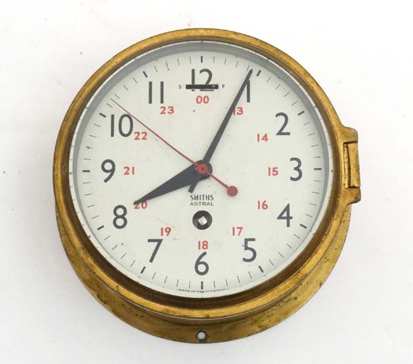 Ships Clock : A Smiths Astral brass cased 5 3/4" 30 hour timepiece movement with black hands and - Image 3 of 4