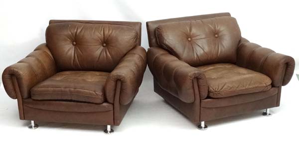 Vintage Retro : A pair Danish Lounge chairs with button and leather back decoration and strapped