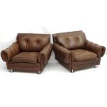 Vintage Retro : A pair Danish Lounge chairs with button and leather back decoration and strapped