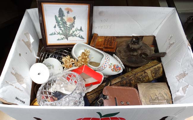 Box of assorted miscellaneous to include biscuit tins, glass, scales, figures, - Image 2 of 3