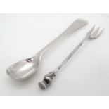 A silver plate pickle fork together with a silver plated mustard spoon (2) CONDITION: