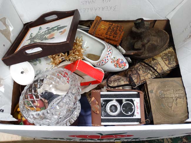 Box of assorted miscellaneous to include biscuit tins, glass, scales, figures,