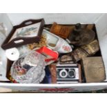 Box of assorted miscellaneous to include biscuit tins, glass, scales, figures,
