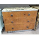 Mid 20thC painted chest of drawers with silver painted sides and decoupage top