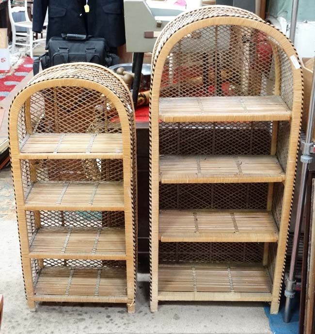 Graduated pair wicker bookcases with arched tops CONDITION: Please Note - we do