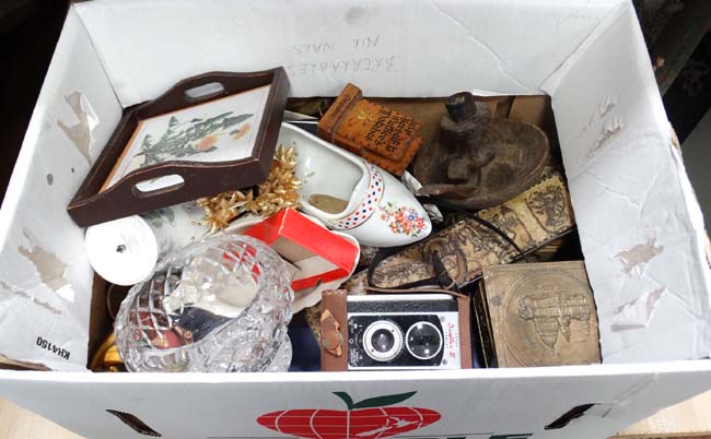 Box of assorted miscellaneous to include biscuit tins, glass, scales, figures, - Image 3 of 3