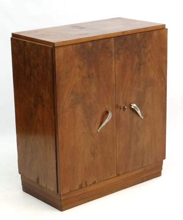 A French Art Deco burr walnut 2-door cupboard with louvered plinth 27" wide x 32" high x 14 1/4"