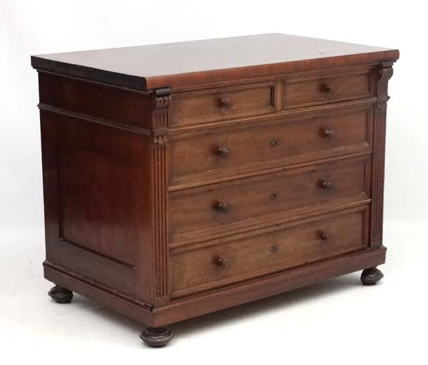 A French mahogany Louis XVI chest of drawers comprising 2 over 3 drawers 40 1/2" wide x 24" deep