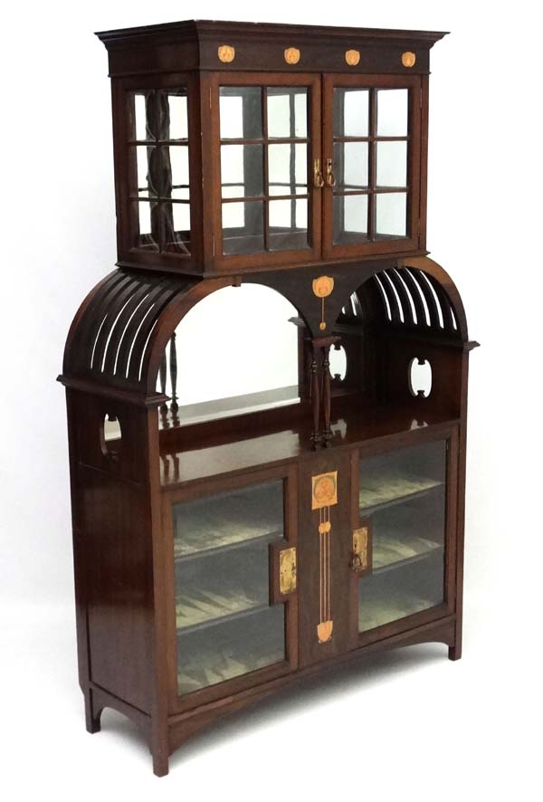 Art Nouveau : An inlaid mahogany cabinet with copper tulip wood and blonde wood inlay etc. - Image 3 of 13