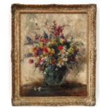 Indistinctly Signed mid XX, Oil on board, Still life of flowers, Signed lower right,