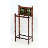 Arts and Crafts : A c 1900 Stick Stand with two tiles to top and bamboo frame having embossed brass