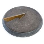 An Unusual bronze sundial with engraved Chinese motives on heavy stone base 12 7/8" diameter