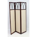 A late 19thC mahogany 3 fold screen with glazed top 55" ( extended ) x 70 1/2" high
