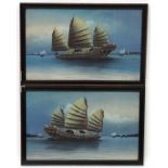 XIX-XX Chinese School, Gouache , a pair, Large three sail junk going out and coming back,