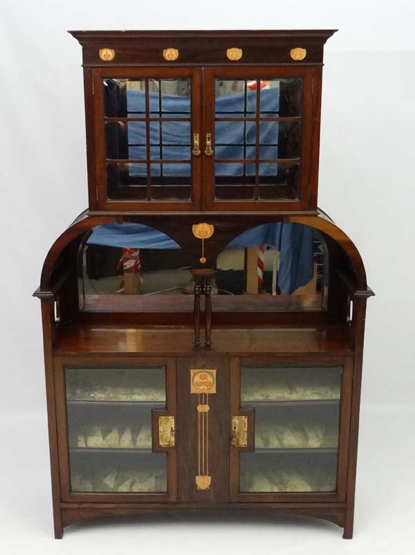 Art Nouveau : An inlaid mahogany cabinet with copper tulip wood and blonde wood inlay etc. - Image 6 of 13