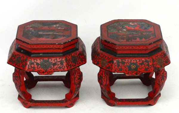 Chinese : a pair of red lacquer octagonal pot stands with polychromed images to top and decorated - Image 8 of 8