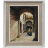 Porti XX Ibiza, Oil on board, Figures in a courtyard, Signed lower right, 19 5/8 x 16".