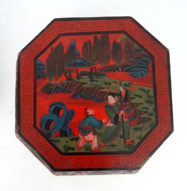 Chinese : a pair of red lacquer octagonal pot stands with polychromed images to top and decorated - Image 5 of 8