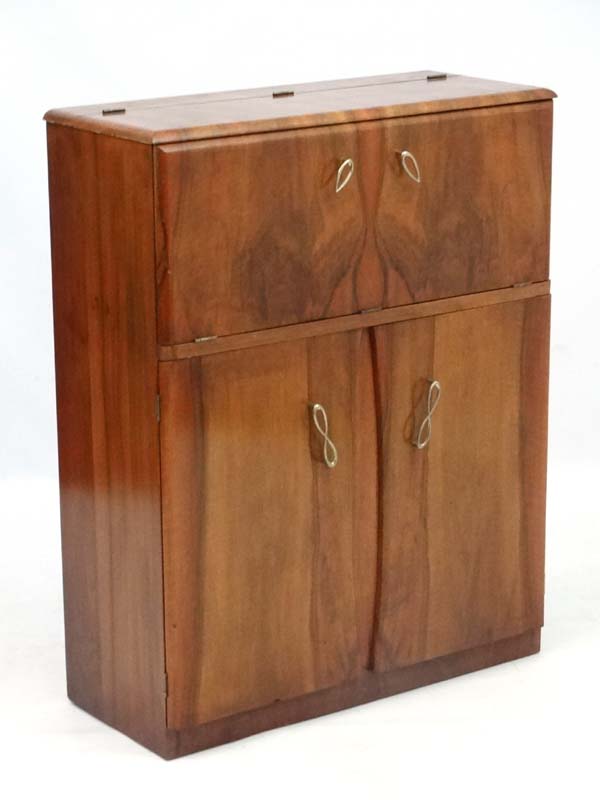 Art Deco : a 1930's walnut Cocktail Cabinet with fold down front revealing mirrored interior and - Image 2 of 8