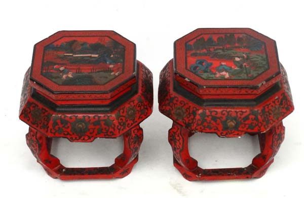 Chinese : a pair of red lacquer octagonal pot stands with polychromed images to top and decorated - Image 2 of 8