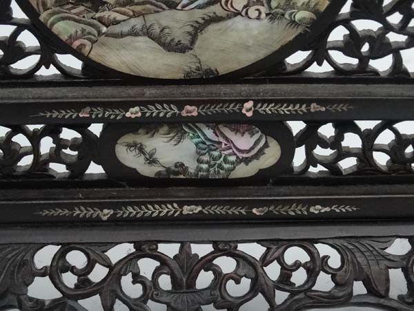 Chinese : an unusual mother of pearl and abalone inlaid Rosewood ? Firescreen with removable - Image 6 of 8