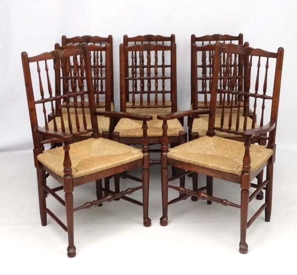 A set of 8 (6+2) oak spindle back chairs with envelope rush seats . - Image 5 of 6