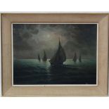 Indistinctly Signed Early- mid XX, Oil on canvas, Fishing boats at sea working by moonlight,