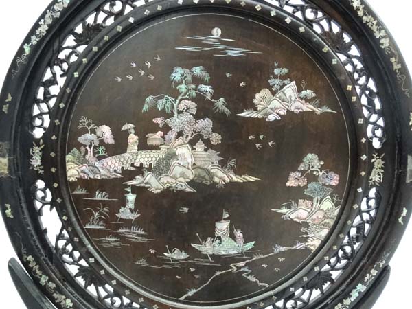 Chinese : an unusual mother of pearl and abalone inlaid Rosewood ? Firescreen with removable - Image 4 of 8