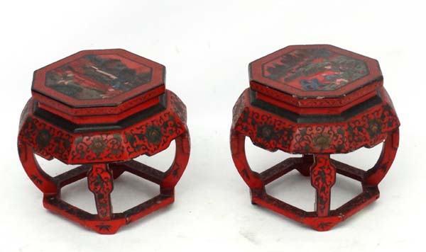 Chinese : a pair of red lacquer octagonal pot stands with polychromed images to top and decorated - Image 7 of 8