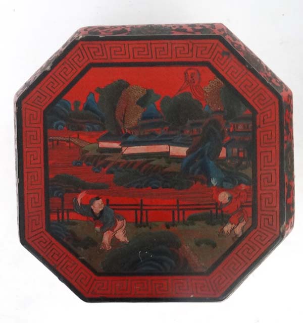 Chinese : a pair of red lacquer octagonal pot stands with polychromed images to top and decorated - Image 6 of 8