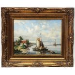 H Morelle XX Continental, Oil on board, Dutch river scene with sail barges, Signed lower right,