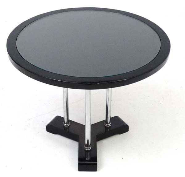 Art Deco : a chrome three legged circular coffee table with inset glass top , - Image 2 of 3