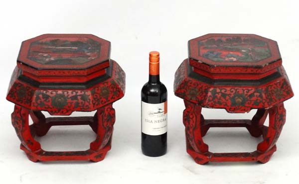 Chinese : a pair of red lacquer octagonal pot stands with polychromed images to top and decorated - Image 4 of 8