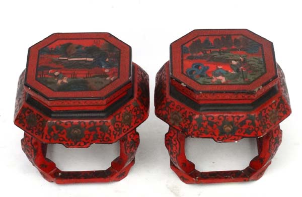 Chinese : a pair of red lacquer octagonal pot stands with polychromed images to top and decorated - Image 3 of 8