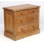 A 19thC pine chest of drawers comprising three graduated long drawers 35 1/2" wide x 19 3/4" deep x