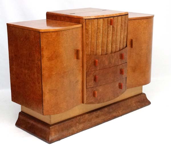 Art Deco : a superb blonde burr Maple probably Epstein Brothers Cocktail cabinet with two