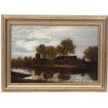 D? Martin XIX-XX, Oil on board, River landscape with cottages and church, Signed lower left,